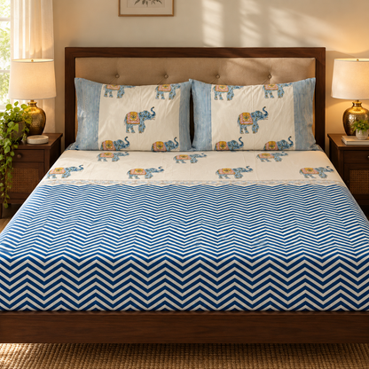 Blue Chevron Elephant Handblock Printed Premium Cotton Fitted Bedsheet Set