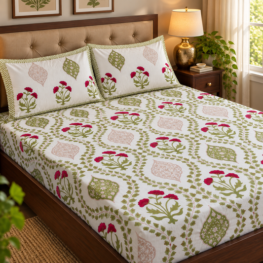 Red Poppy Jaal Handblock Premium Cotton Bedsheet Set