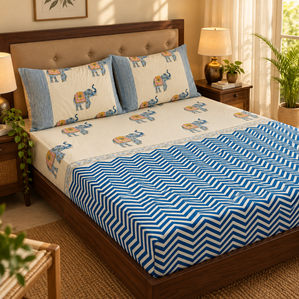 Blue Chevron Elephant Handblock Printed Premium Cotton Fitted Bedsheet Set