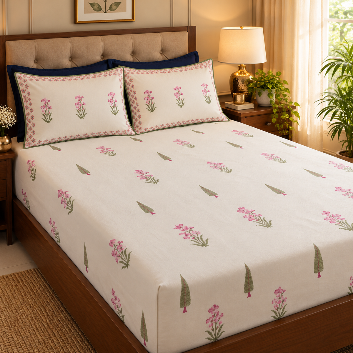 Pink Madhumati Handblock Printed Premium Cotton Fitted Bedsheet Set
