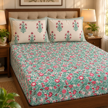 Sage Green Floral Handblock Printed Premium Cotton Fitted Bedsheet Set