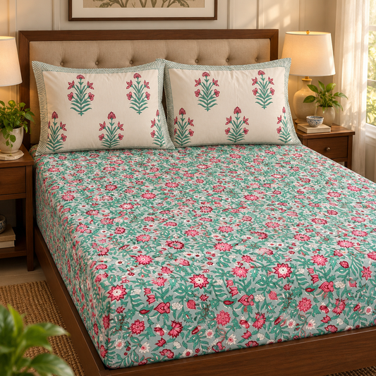 Sage Green Floral Handblock Premium Cotton Bedsheet Set