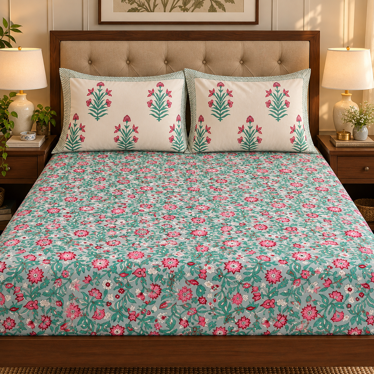 Sage Green Floral Handblock Printed Premium Cotton Fitted Bedsheet Set