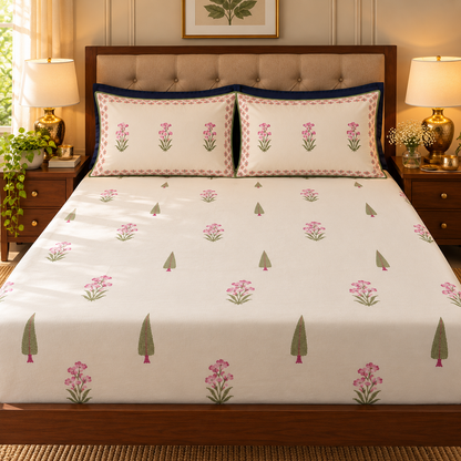 Pink Madhumati Handblock Printed Premium Cotton Fitted Bedsheet Set