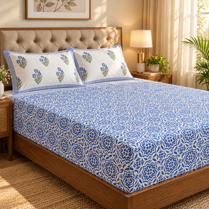 Neel Bagh Handblock Printed Premium Cotton Fitted Bedsheet Set