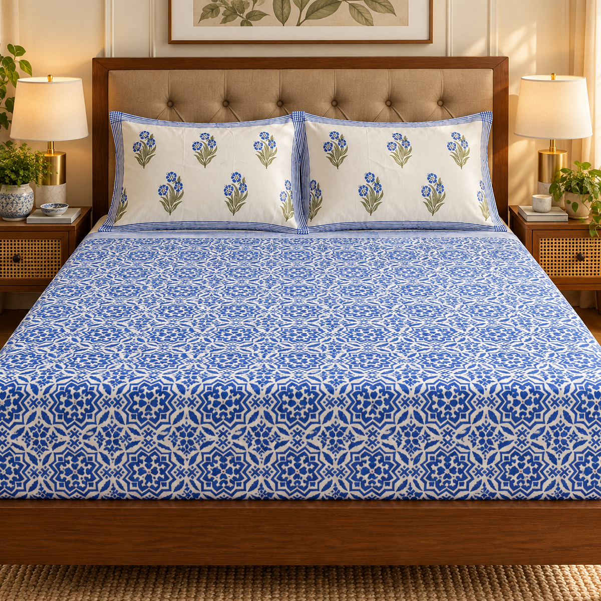 Neel Bagh Handblock Printed Premium Cotton Fitted Bedsheet Set