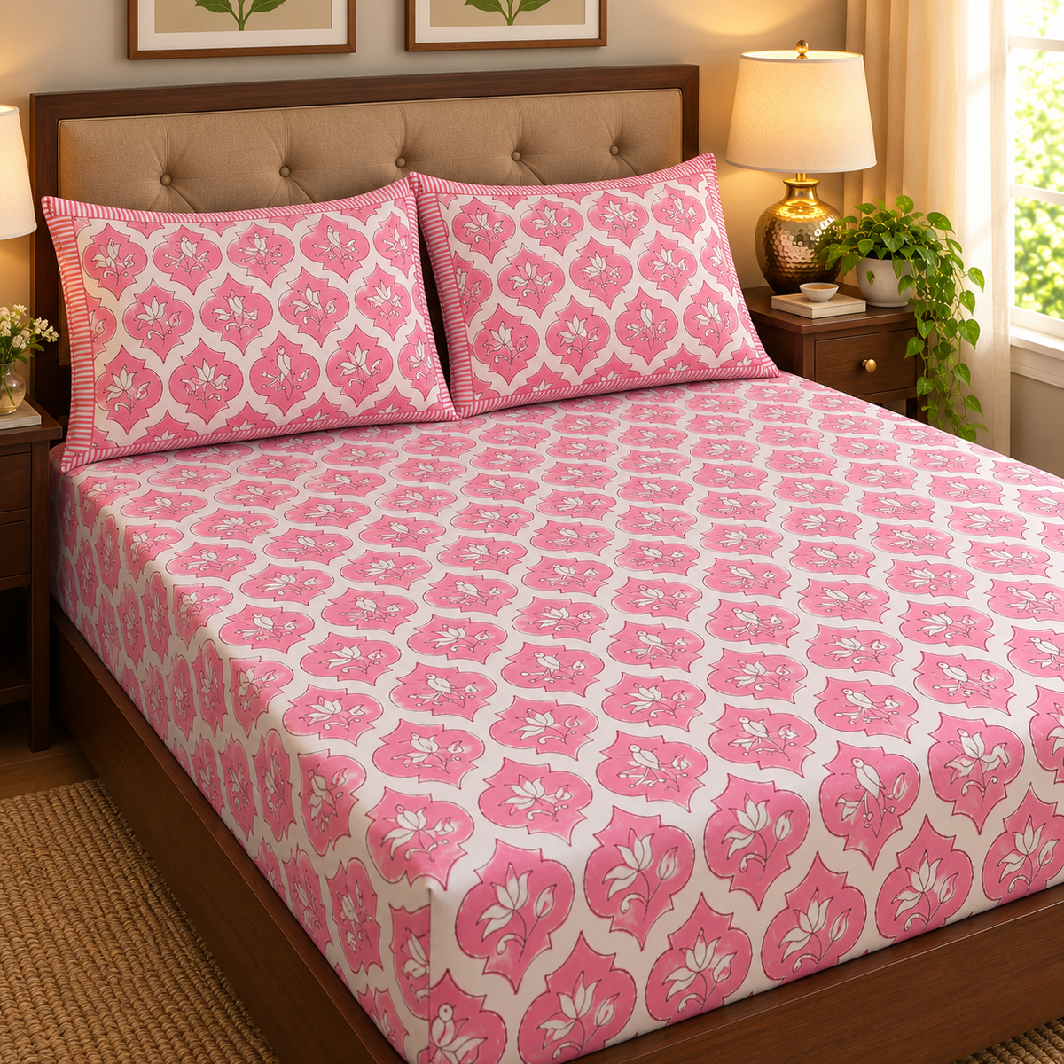 Pink Parrot Handblock Premium Cotton Fitted Bedsheet Set