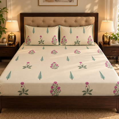 Light Magenta Handblock Premium Cotton Bedsheet Set (Beige Base)