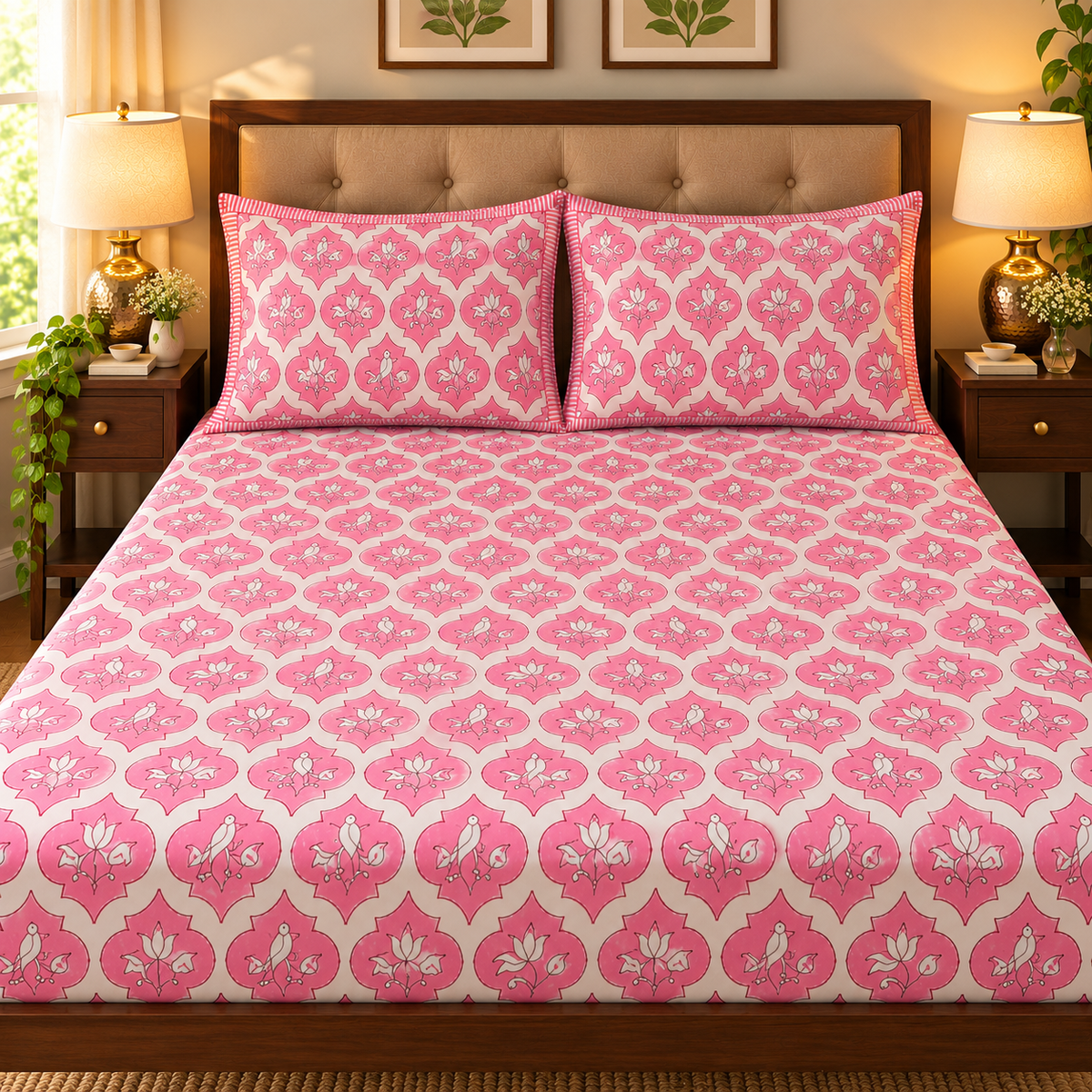 Pink Parrot Handblock Premium Cotton Fitted Bedsheet Set