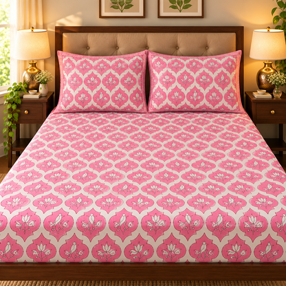 Pink Parrot Handblock Premium Cotton Fitted Bedsheet Set