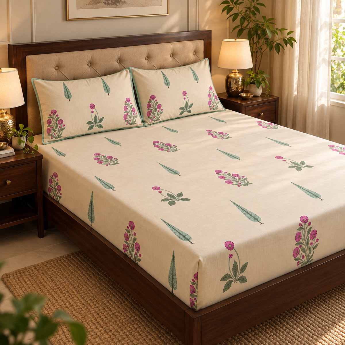 Light Magenta Handblock Premium Cotton Bedsheet Set (Beige Base)