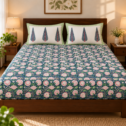 Purple Garden Cypress Handblock Premium Cotton Bedsheet Set