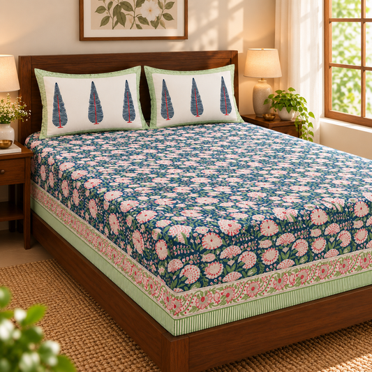 Purple Garden Cypress Handblock Premium Cotton Bedsheet Set