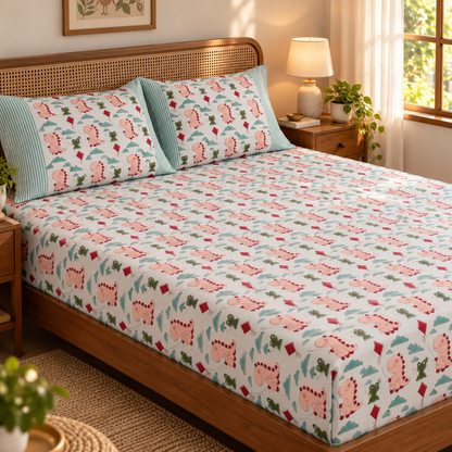 Pink Dinosaur Handblock Premium Cotton Bedsheet Set
