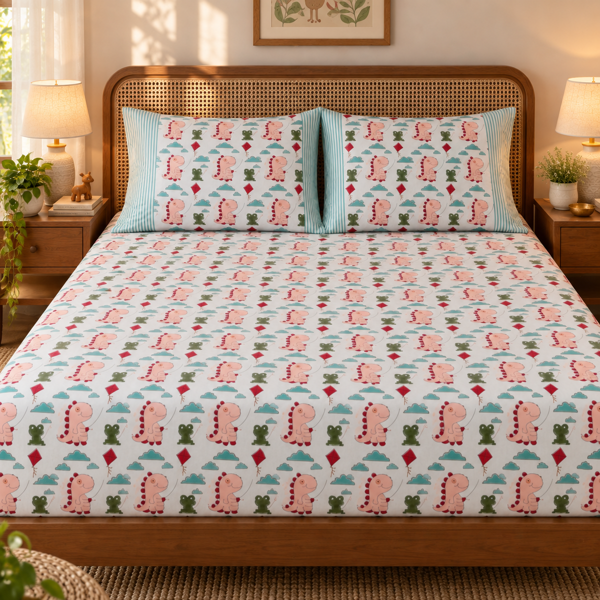 Pink Dinosaur Handblock Premium Cotton Bedsheet Set