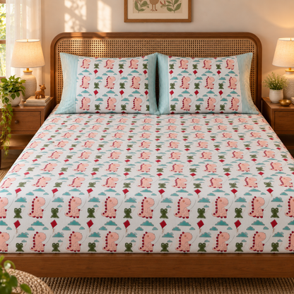Pink Dinosaur Handblock Premium Cotton Bedsheet Set