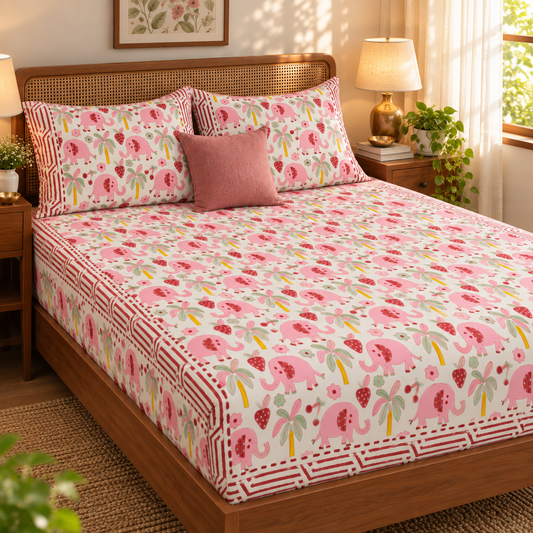 Pink Elephant Handblock Printed Premium Cotton Kids Bedsheet Set