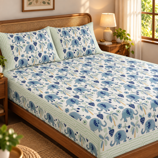 Blue Elephant Handblock Premium Cotton Kids Bedsheet Set