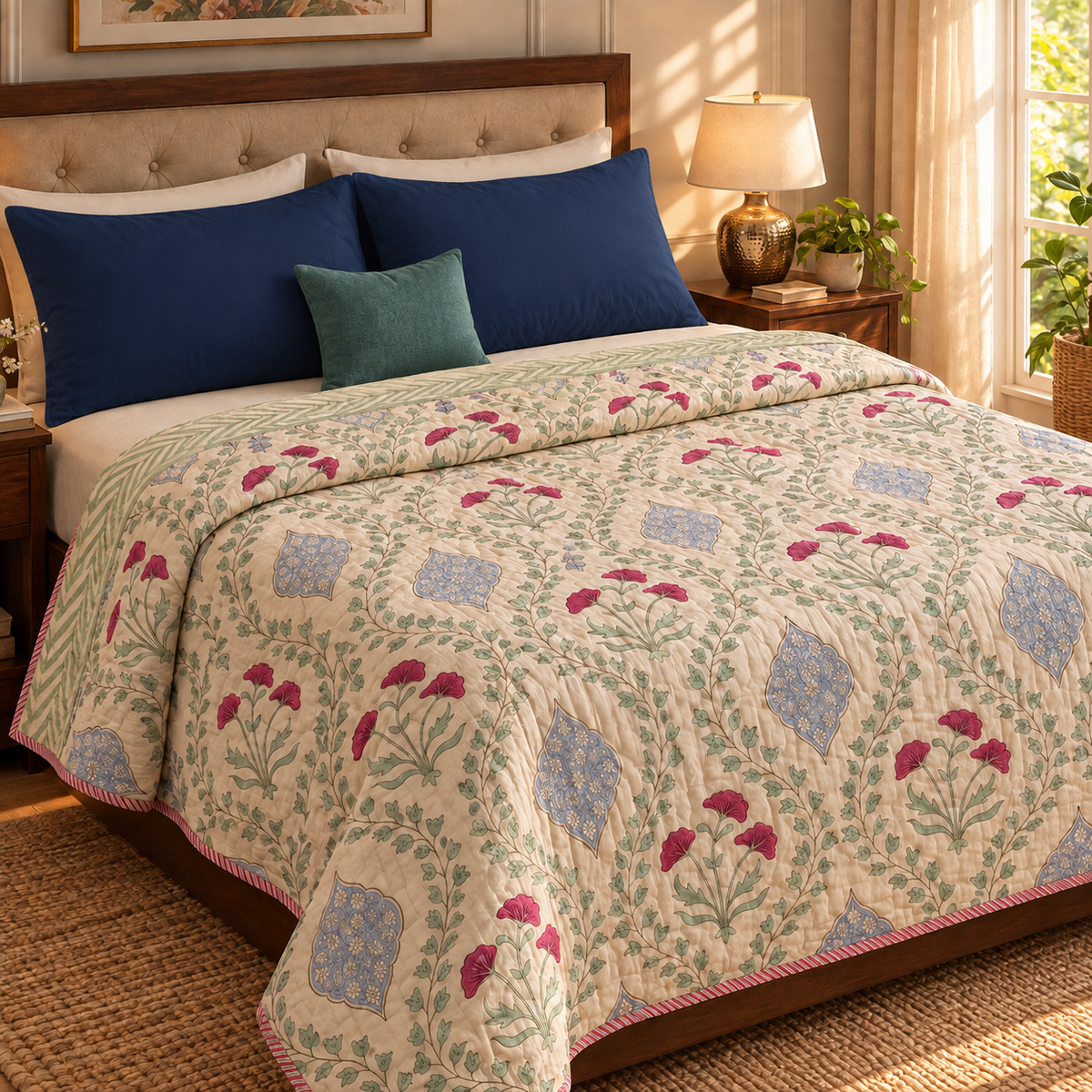 Pink Poppy Handblock Bedsheet + Quilt Combo Set (Light Beige Base)