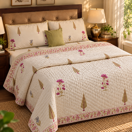 Dusty Mulberry Handblock Bedsheet + Quilt Combo Set (Ivory White)