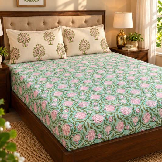 Anaar Baag Handblock Premium Cotton Bedsheet Set