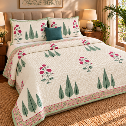 Magenta Floral Garden Handblock Reversible Mulmul Cotton Quilt (Light Cream Base)