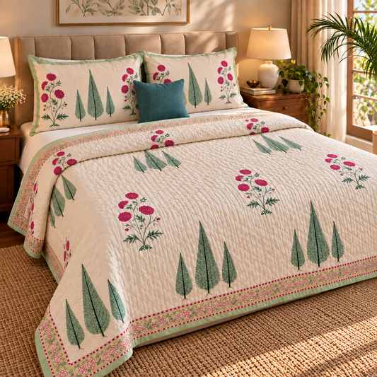 Magenta Floral Garden Handblock Reversible Mulmul Cotton Quilt (Light Beige Base)
