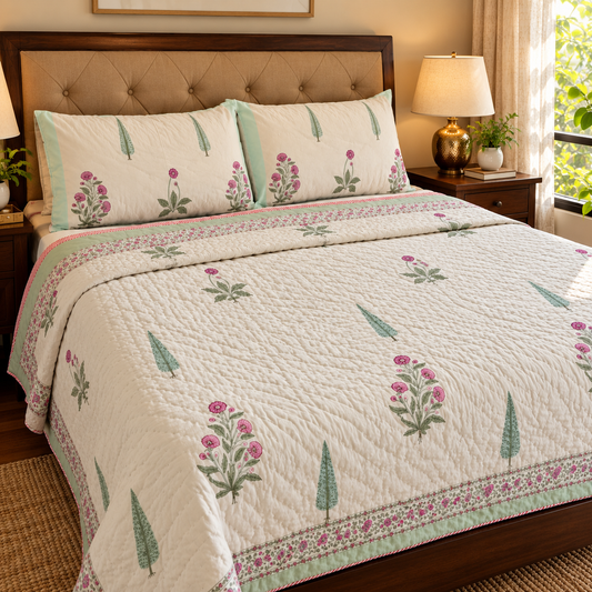 Light Magenta Floral Handblock Bedsheet + Quilt Combo Set