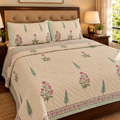 Light Magenta Floral Handblock Reversible Mulmul Cotton Quilt (Beige Base)