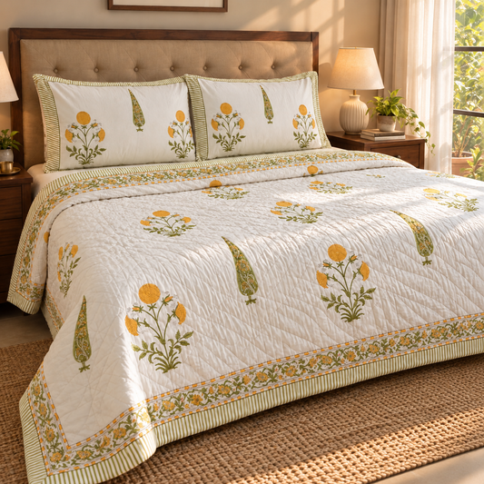 Yellow Dahlia Handblock Bedsheet + Quilt Combo Set