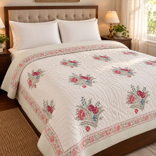 Burgundy Anaar Handblock Bedsheet + Quilt Combo Set