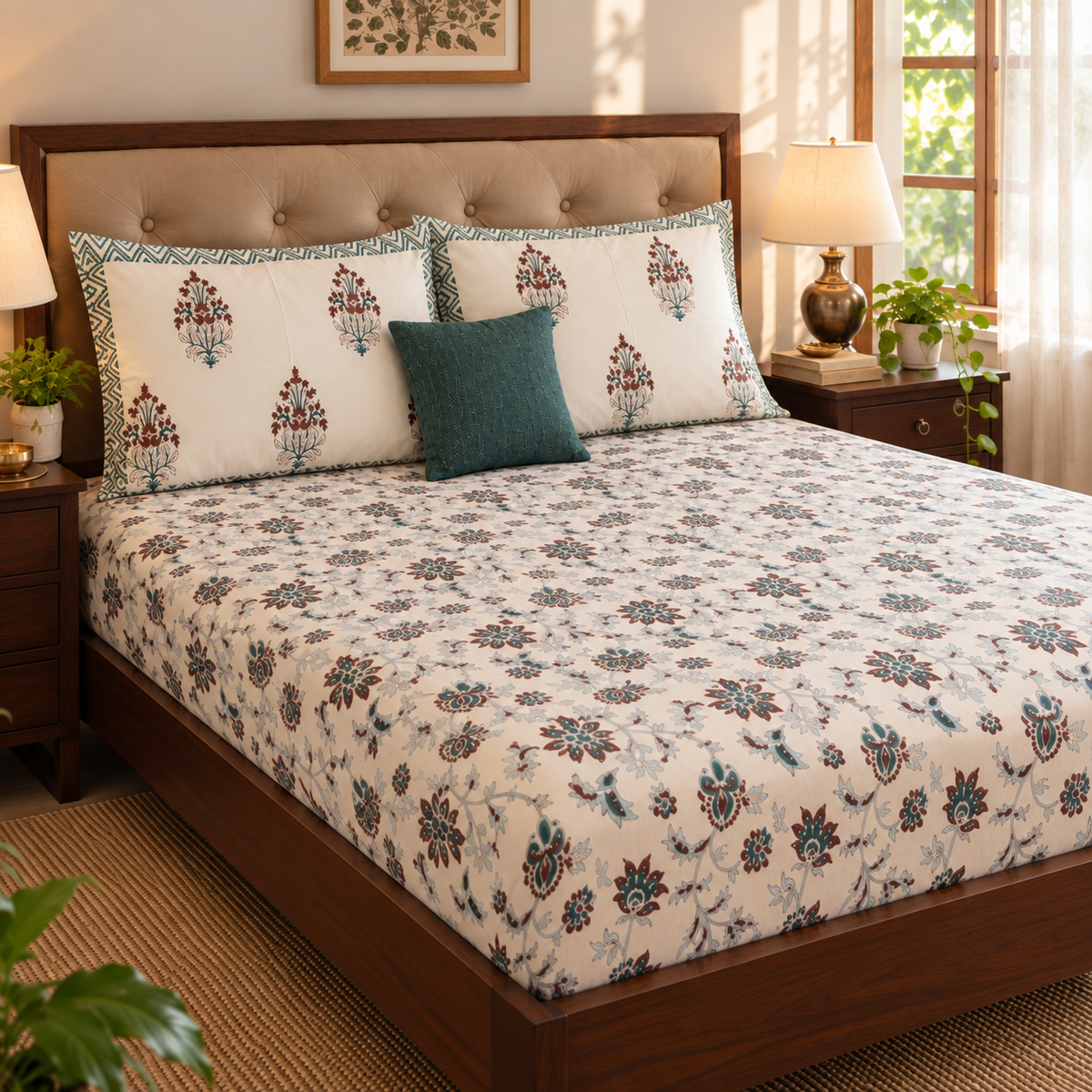 Brown Peach Floral Garden Handblock Printed Premium Cotton Fitted Bedsheet Set