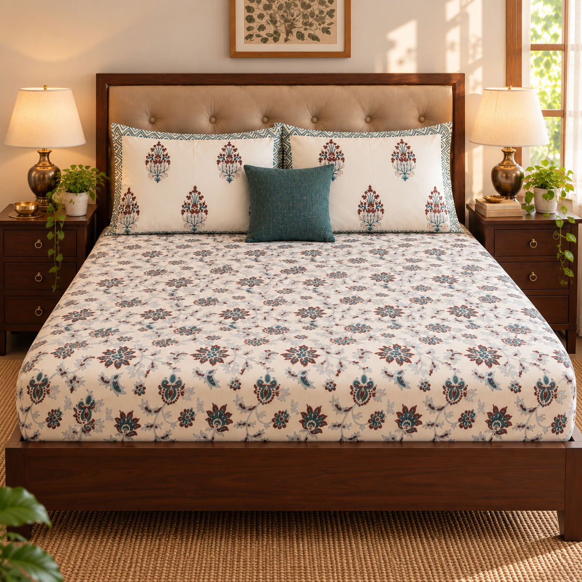 Brown Peach Floral Garden Handblock Printed Premium Cotton Fitted Bedsheet Set