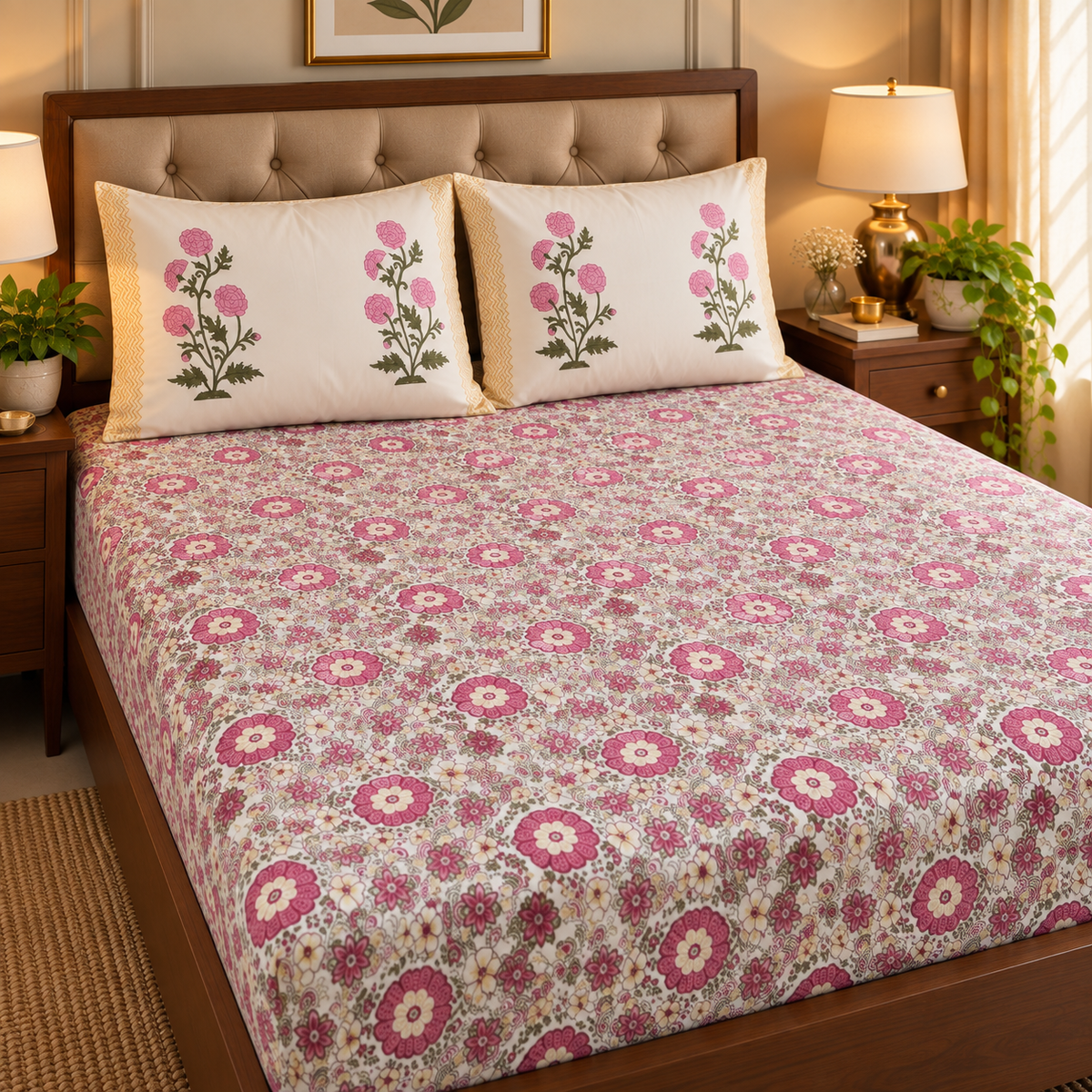 Pink Floral Garden Handblock Premium Cotton Bedsheet Set