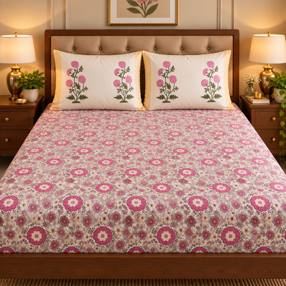 Pink Floral Garden Handblock Premium Cotton Bedsheet Set