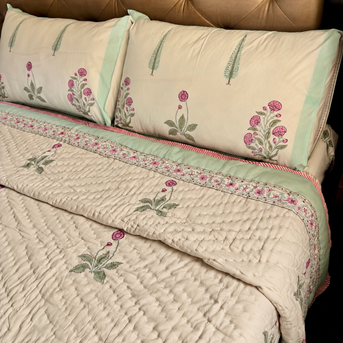 Light Magenta Floral Handblock Reversible Mulmul Cotton Quilt (Beige Base)