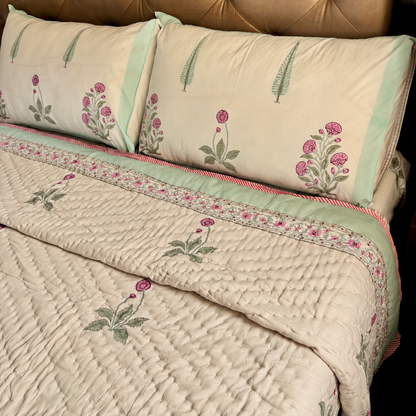 Light Magenta Floral Handblock Reversible Mulmul Cotton Quilt (Beige Base)