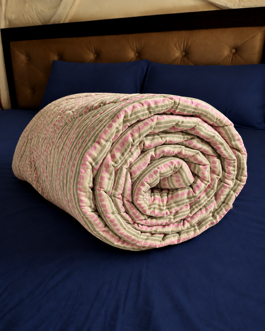 Light Magenta Floral Handblock Reversible Mulmul Cotton Quilt (Beige Base)