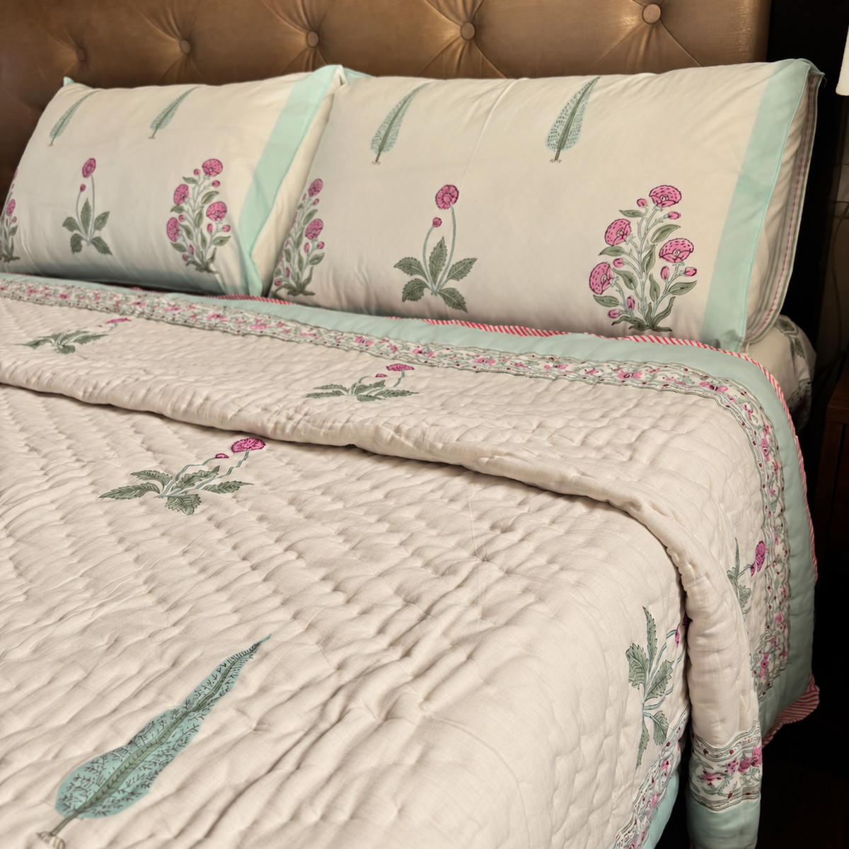 Light Magenta Floral Handblock Reversible Mulmul Cotton Quilt (Beige Base)