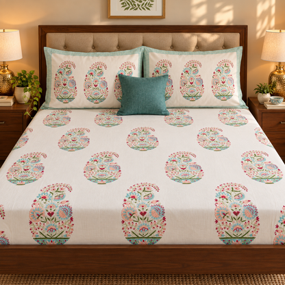 Pink Kairi Handblock Printed Premium Cotton Fitted Bedsheet Set