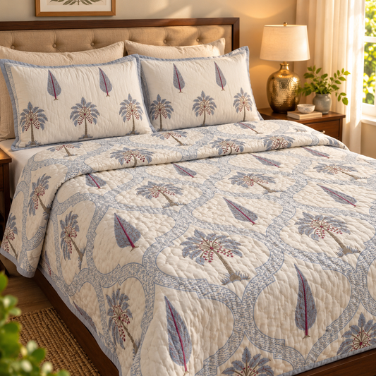Blue Palm Jaal Handblock Reversible Mulmul Cotton Quilt