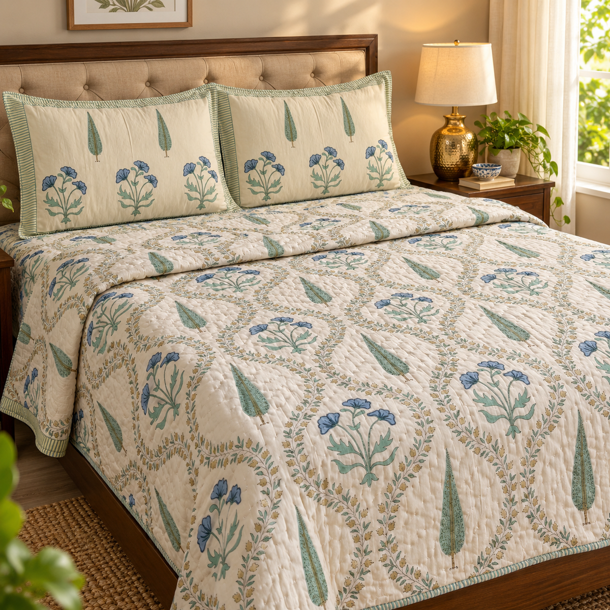 Blue Poppy Handblock Reversible Mulmul Cotton Quilt (Beige Base)