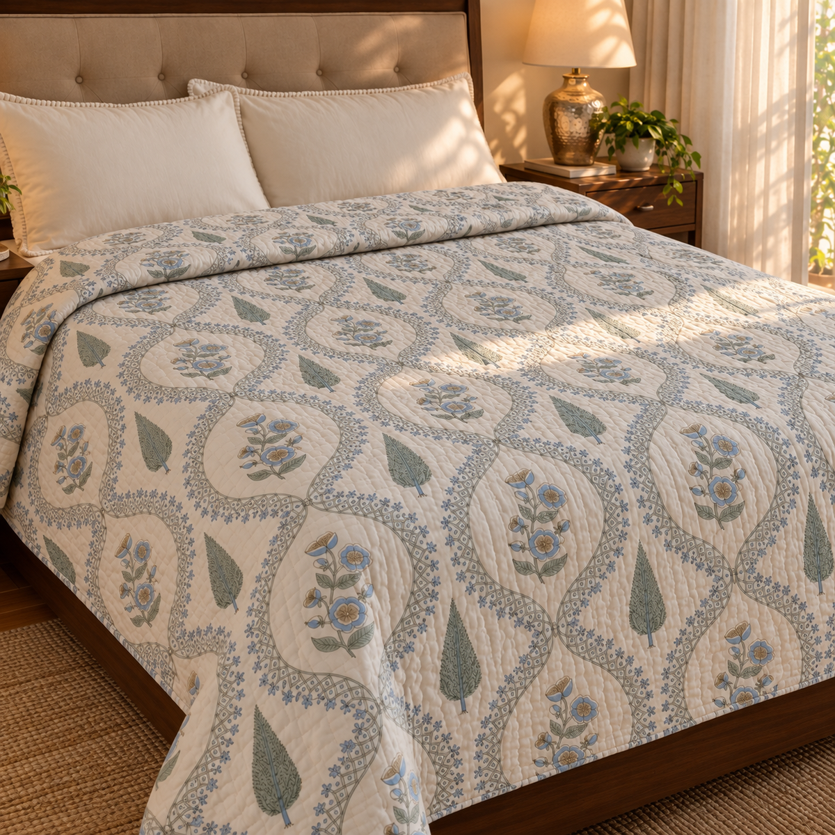 Blue Periwinkle Jaal Handblock Reversible Mulmul Cotton Quilt
