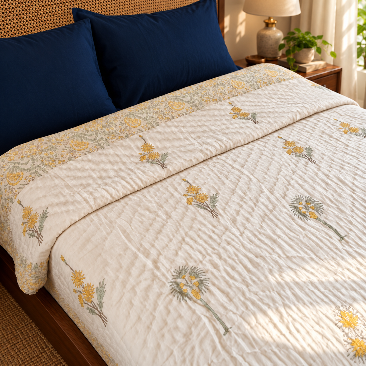 Yellow Blossom Handblock Bedsheet + Quilt Combo Set