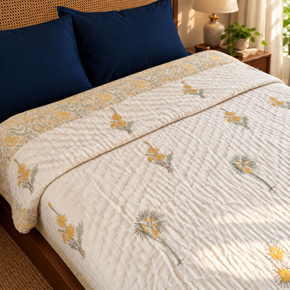 Yellow Blossom Handblock Bedsheet + Quilt Combo Set