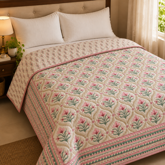 Pink & Green Cotton Bud Handblock Bedsheet + Quilt Combo Set