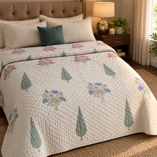 Pink Blue Ashoka Handblock Reversible Mulmul Cotton Quilt