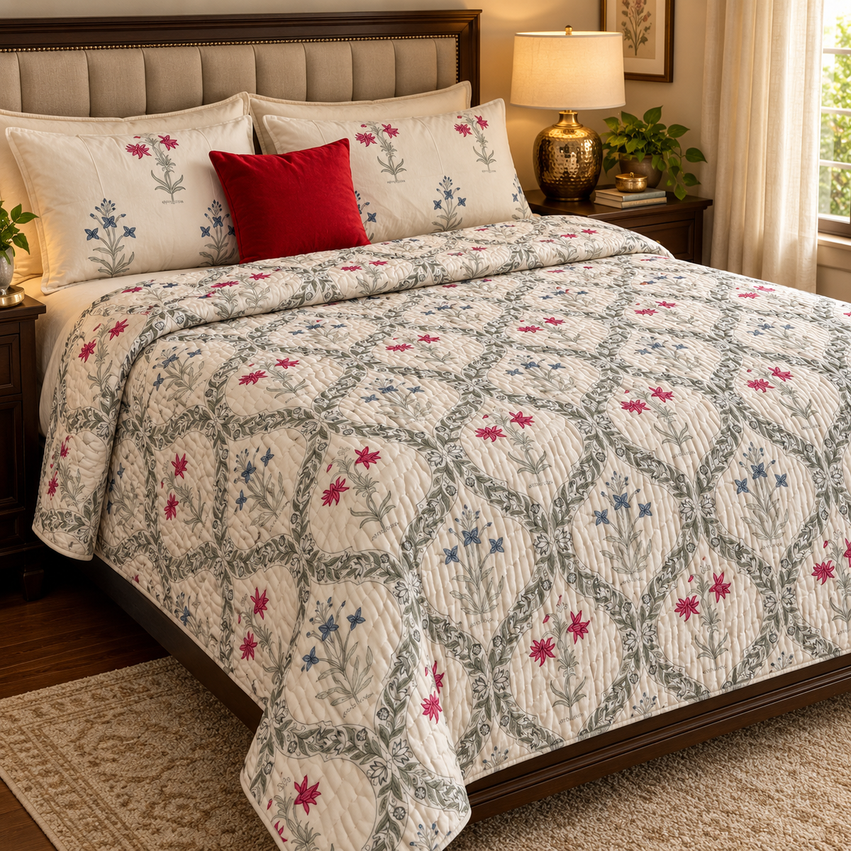 Pink Blue Floral Jaal Handblock Bedsheet + Quilt Combo Set