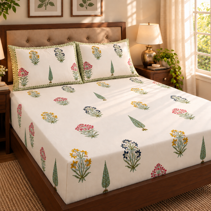 Madhumati Handblock Printed Premium Cotton Fitted Bedsheet Set