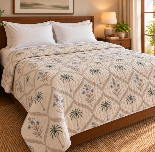Blue Floral Palm Jaal Handblock Bedsheet + Quilt Combo Set